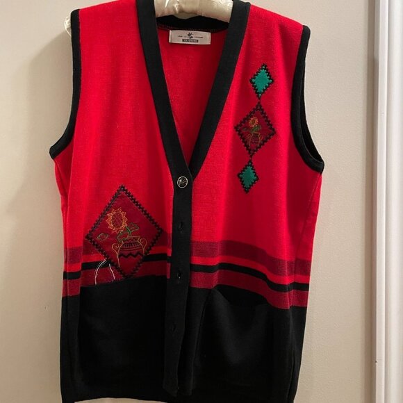 Vintage Holiday Sunflower Sweater Vest Red & Black - Picture 10 of 12